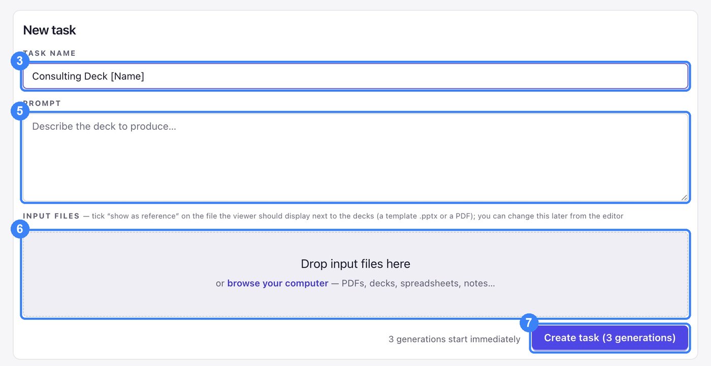 The New task form, with the Task name, Prompt, input files area and Create task button highlighted and numbered 3, 5, 6 and 7.