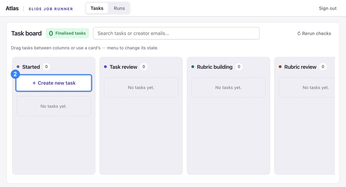 The Atlas task board, with the Create new task button highlighted at the top of the Started column.